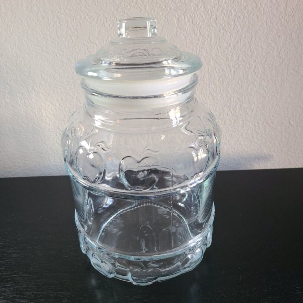 Vintage KIG Malaysia Clear Glass Cookie Jar Embossed Apple Fruit Kitchen Caniste